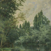 A retro oil painting depicting a serene river landscape with lush greenery and trees under a cloudy sky.