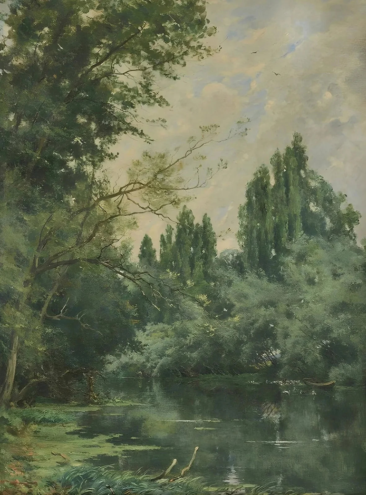 A retro oil painting depicting a serene river landscape with lush greenery and trees under a cloudy sky.