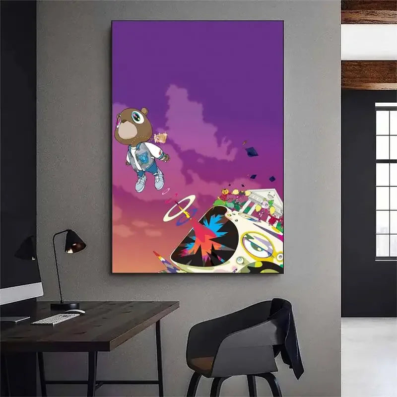 A vibrant canvas wall art featuring a cartoon bear and an abstract musical instrument design on a purple background.