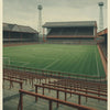 A vintage illustration of Aston Villa FC's Villa Park stadium, showing the pitch and grandstands.
