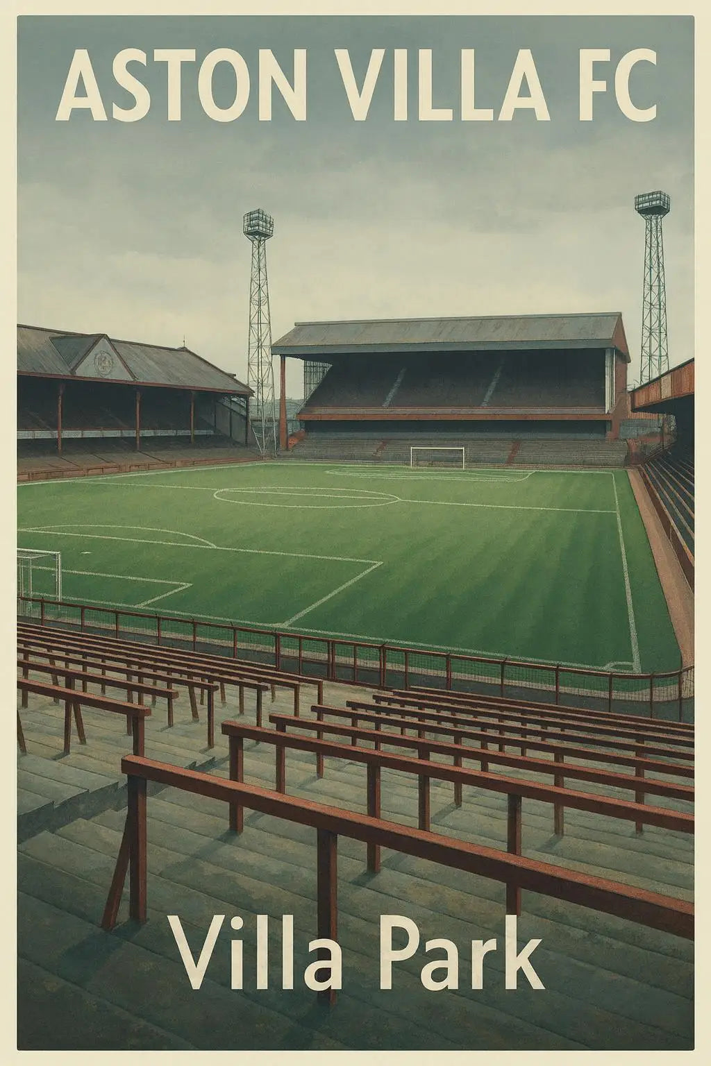 A vintage illustration of Aston Villa FC's Villa Park stadium, showing the pitch and grandstands.