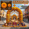 A display of artificial marigold flowers and garlands used for Day of Kings festival decorations featuring traditional elemen