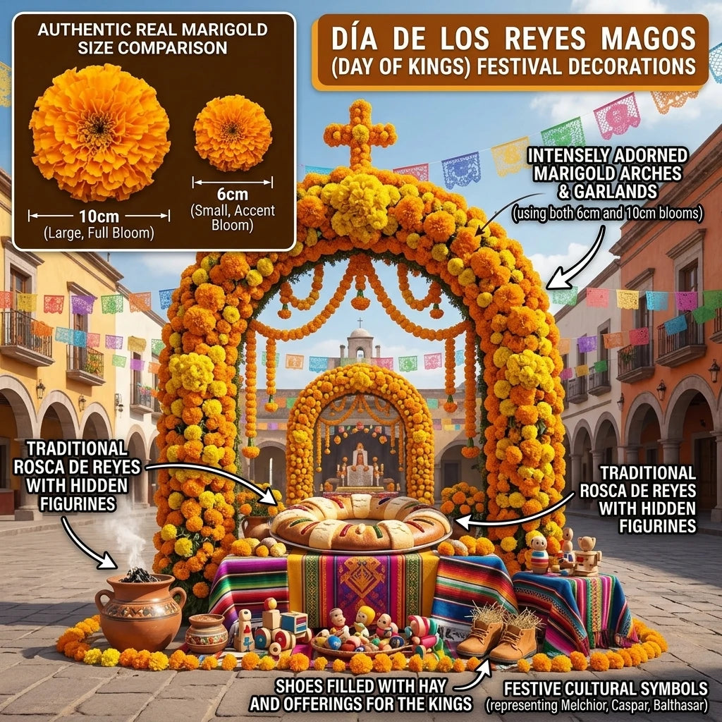 A display of artificial marigold flowers and garlands used for Day of Kings festival decorations featuring traditional elemen