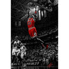 A dramatic black and white photo of a basketball player dunking during a game, captured in a stadium setting.