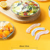 Reusable elastic food covers shown with various sized bowls and dishes, demonstrating flexible fresh-keeping lids.