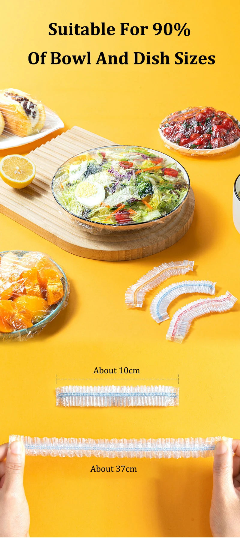 Reusable elastic food covers shown with various sized bowls and dishes, demonstrating flexible fresh-keeping lids.