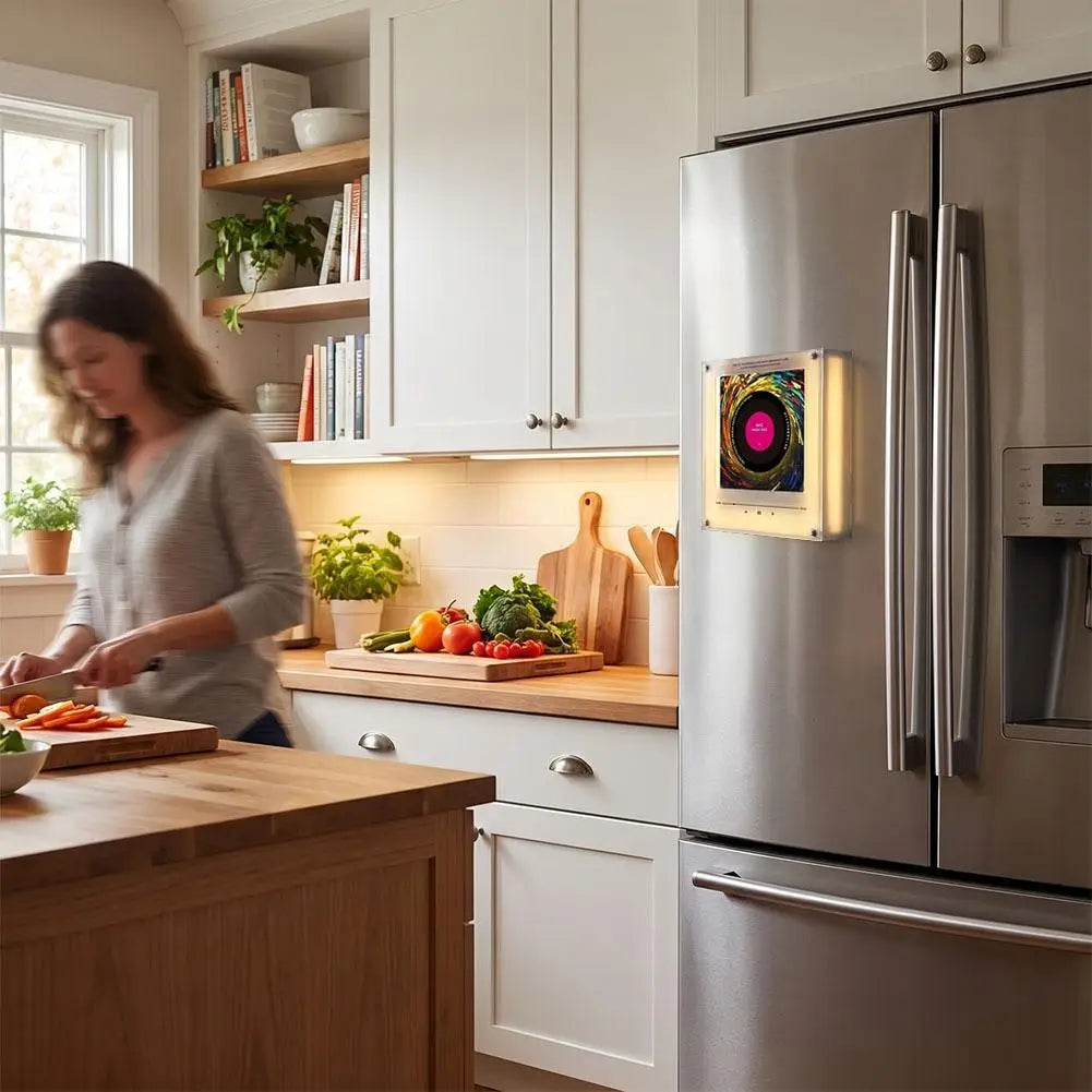 A stainless steel refrigerator and kitchen counter with a retro NFC music box night light on the door.