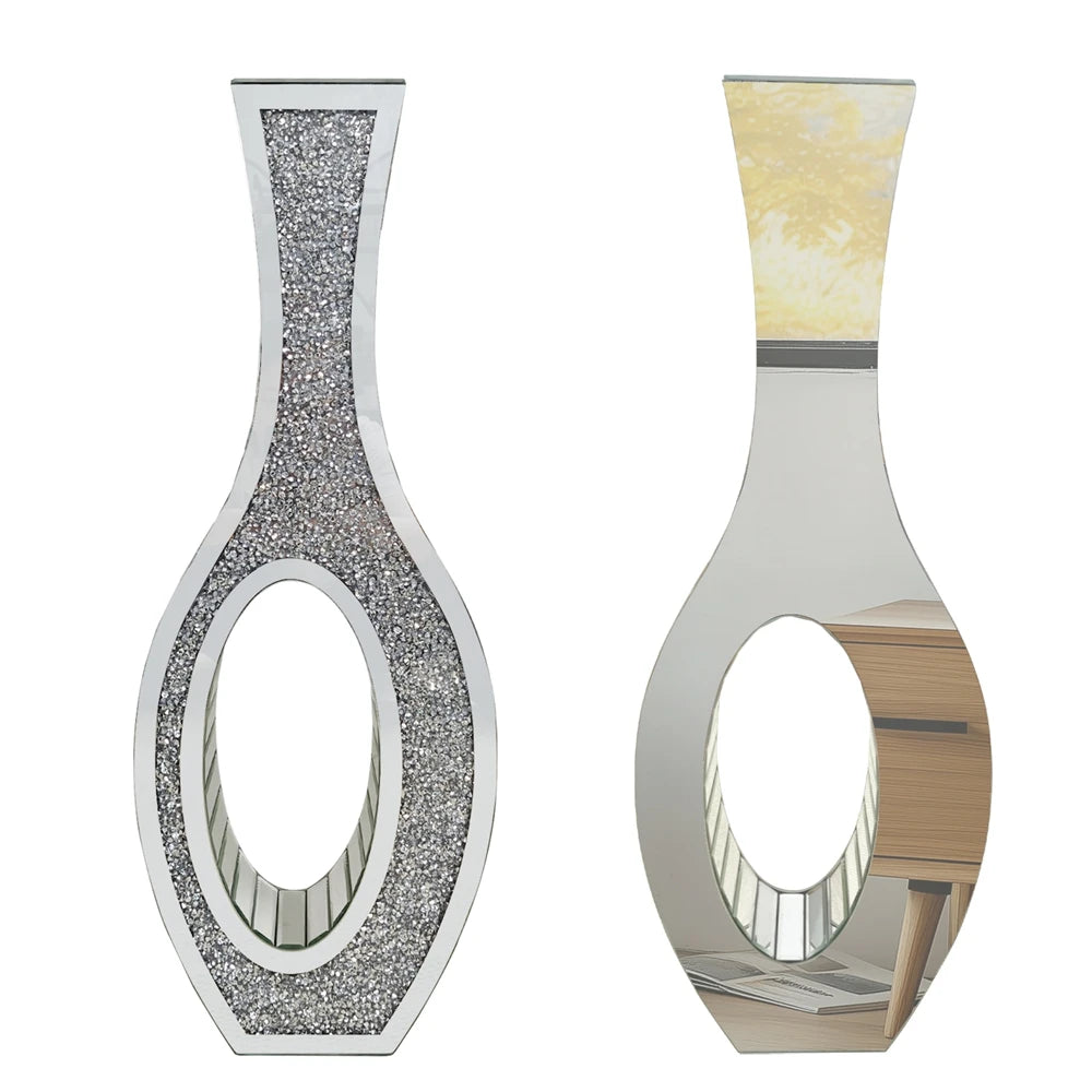 Tall silver mirrored vase with a crushed diamond finish, featuring an oval opening.