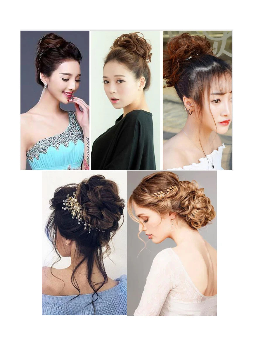 Photos rapprochées d'une femme modélisant des élastiques pour cheveux synthétiques et échevelés dans diverses coiffures et st