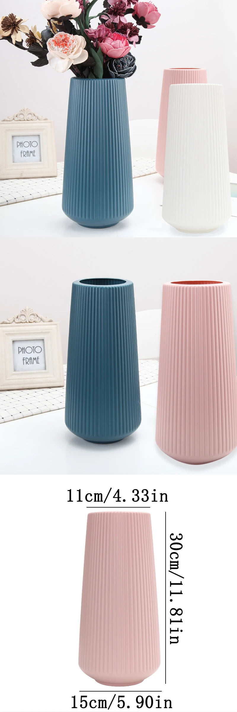 A set of three tall, ribbed ceramic flower vases in dusty blue, pink, and off-white tones.