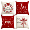 Red Christmas cushion covers featuring designs with bows, wreaths, and festive holiday text