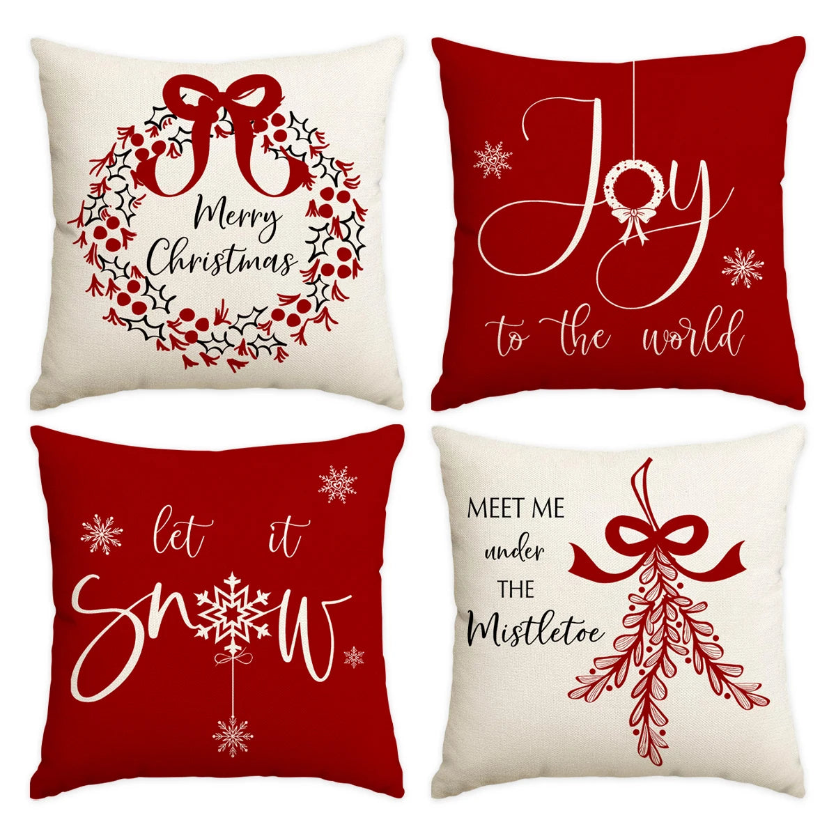 Red Christmas cushion covers featuring designs with bows, wreaths, and festive holiday text