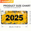 A yellow metal sign with the year 2025 painted on it, showing dimensions.