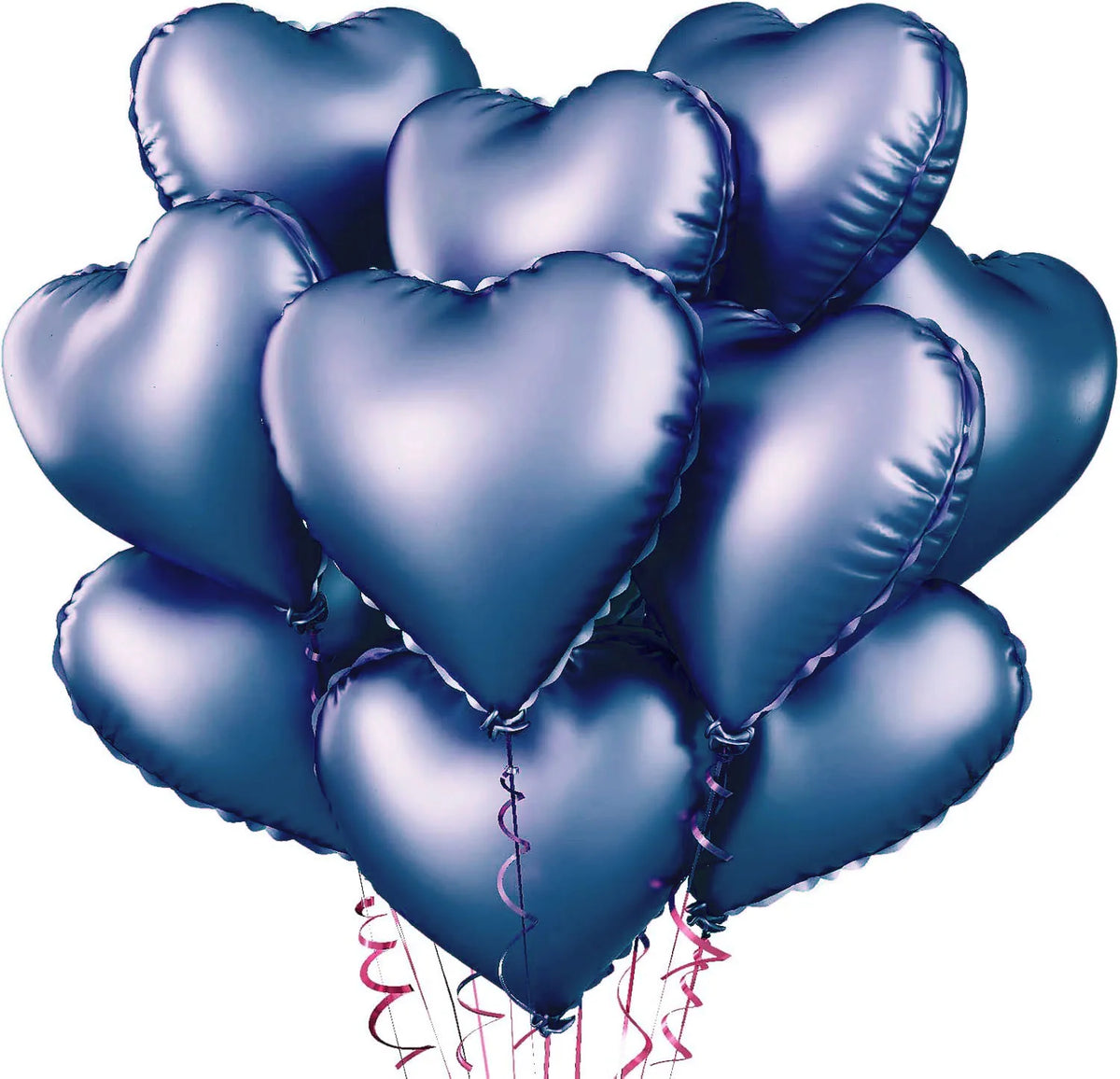 A cluster of shiny blue heart-shaped foil balloons tied together for a celebration.