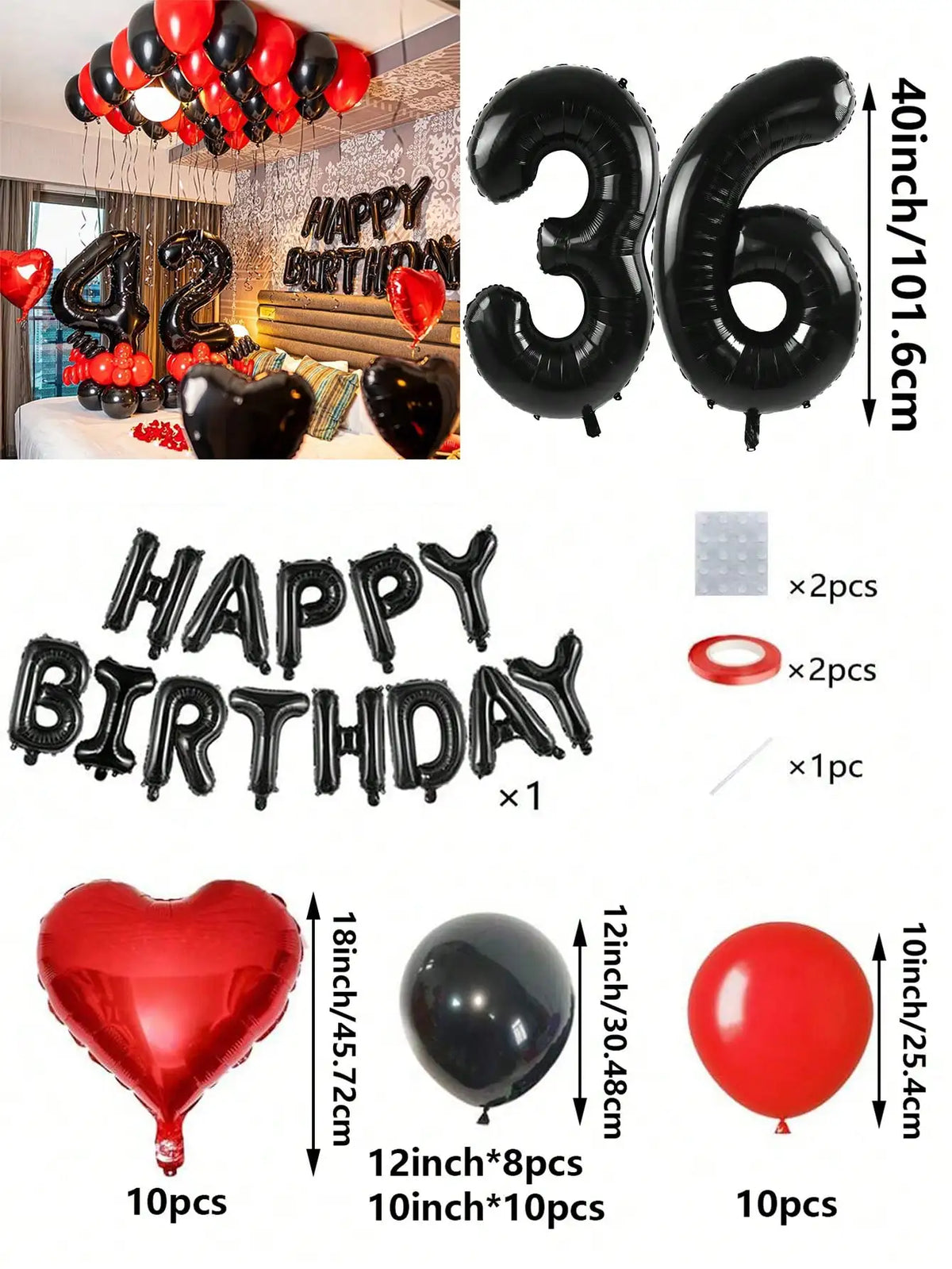 A set of red and black foil number balloons, heart shaped balloons, and round balloons for birthday decorations.