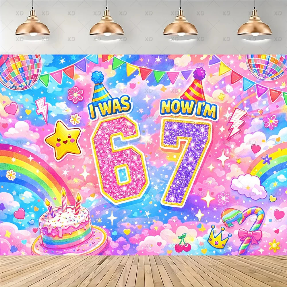 A vibrant birthday banner featuring the text I Was Six Now I Am Seven with colorful confetti and rainbows
