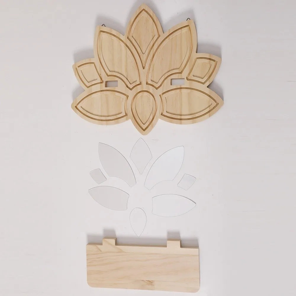 A wooden decorative lotus floating shelf in light natural wood color.