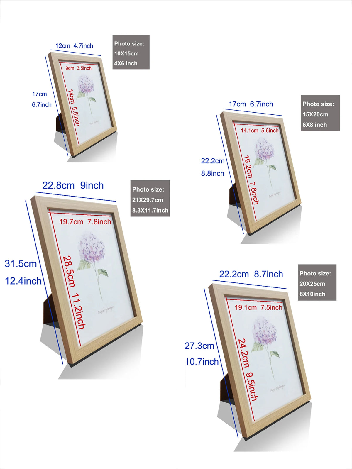 A collection of rustic wooden photo frames in various sizes and orientations, displayed against a white background.