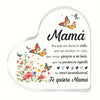 A clear heart-shaped keepsake ornament featuring watercolor butterflies and text in Spanish and English for Mom