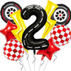 A set of nine foil balloons shaped like racing cars, including a large number two and several other car designs.