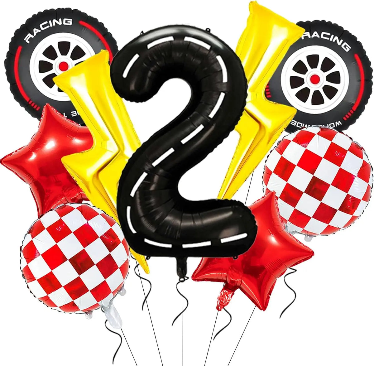 A set of nine foil balloons shaped like racing cars, including a large number two and several other car designs.