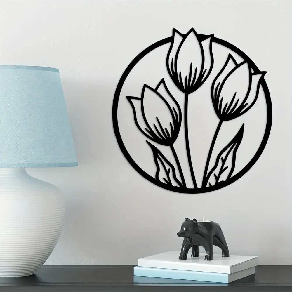 Black metal wall art featuring three stylized tulips on a circular background
