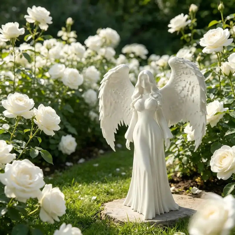 A white angel statue with large wings stands among white roses and greenery.