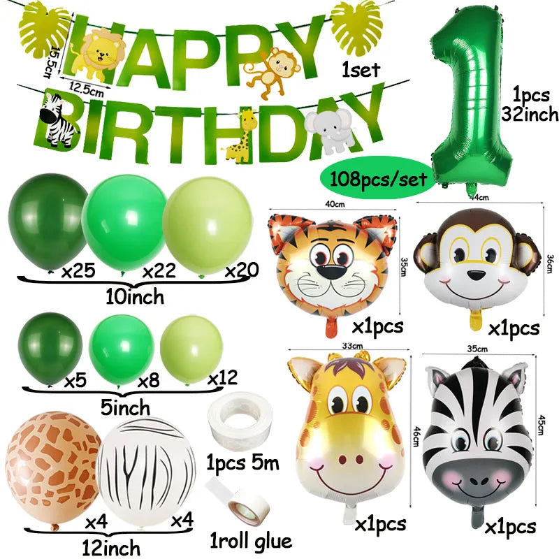 A set of safari jungle balloon garland arch kit featuring various colored balloons, animal shapes, and accessories.
