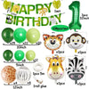A set of safari jungle balloon garland arch kit featuring various colored balloons, animal shapes, and accessories.