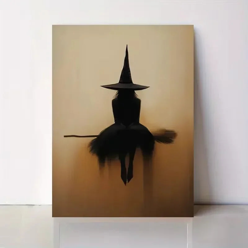 Minimalist witch silhouette wall art featuring a black witch with a pointed hat and broomstick against a warm, muted backgrou