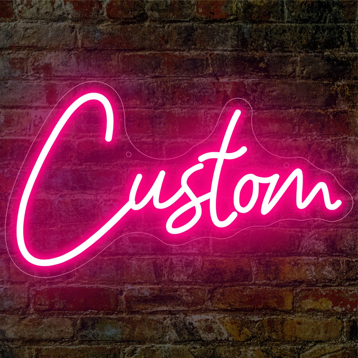 A bright pink neon sign spelling the word Custom is mounted on a textured brick wall.