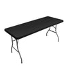 Black stretchy waterproof table cover for a 6-foot folding table.