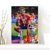 A portrait of Lamine Yamal celebrating with a trophy on a football field.