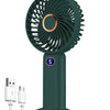 A dark green portable rechargeable handheld fan with a circular grille and a digital display on the base.