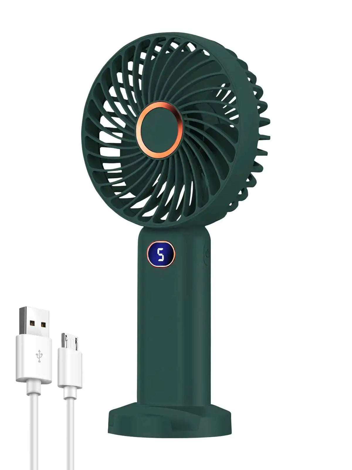 A dark green portable rechargeable handheld fan with a circular grille and a digital display on the base.