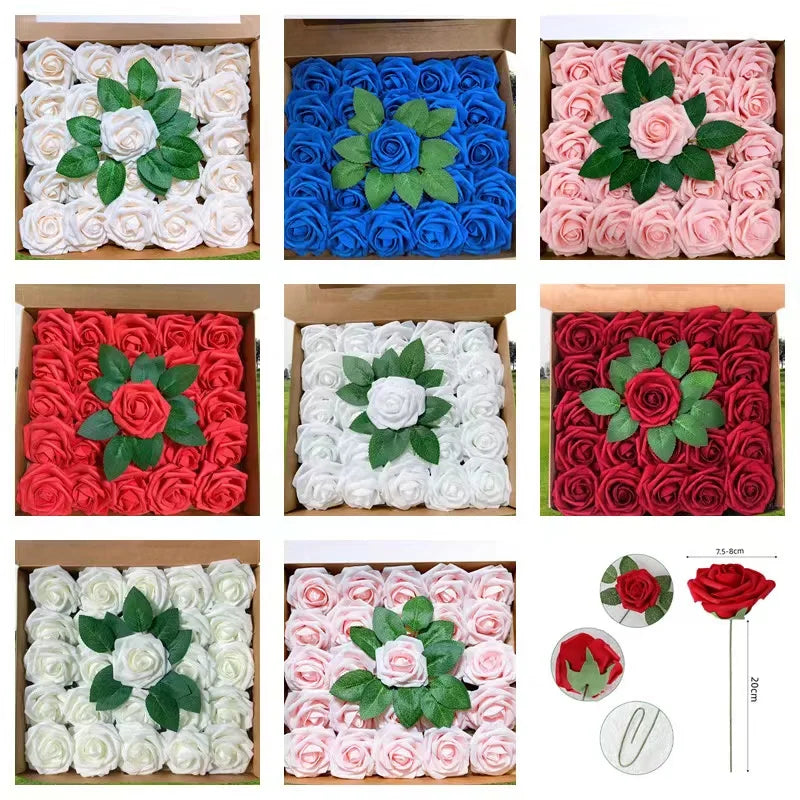 A collection of realistic foam rose artificial flowers in various shades of pink, red, and white arranged in square boxes.