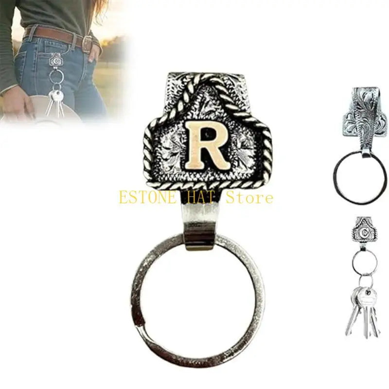 Silver western metal belt keychain featuring a decorative hat charm and a circular ring.