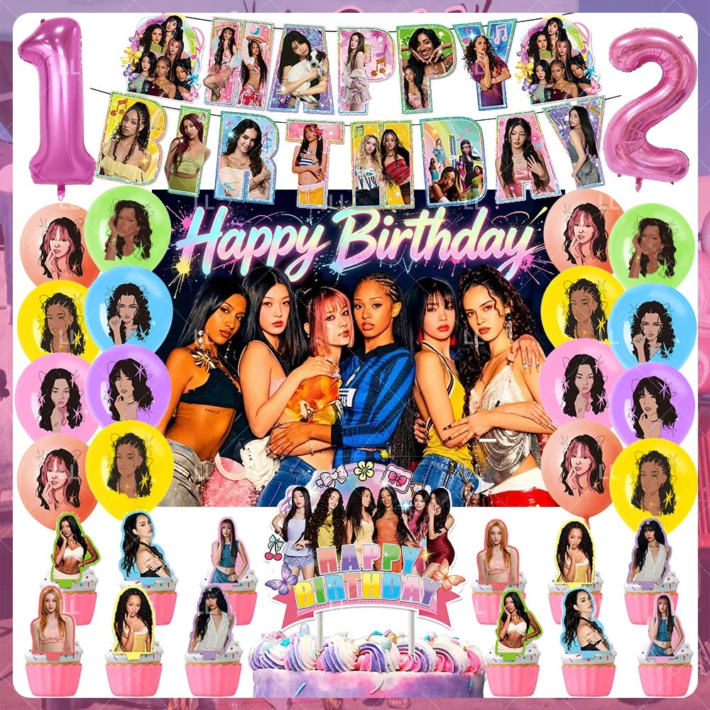 A K-pop inspired birthday party decoration set featuring balloons, a backdrop, and various themed props.