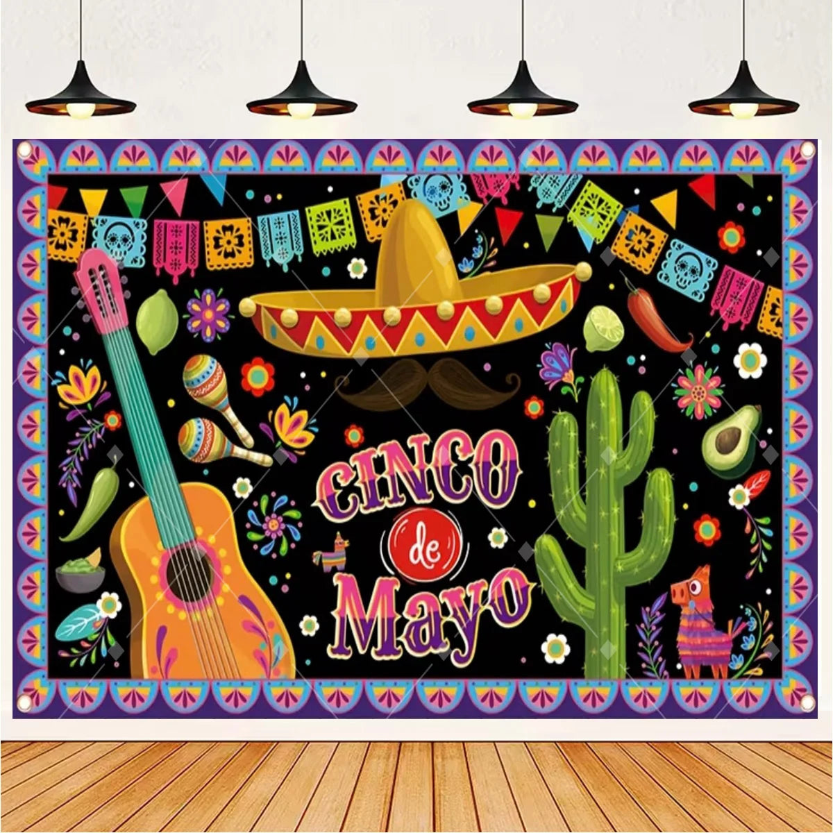Mexican fiesta photo backdrop featuring a sombrero, guitar, and cactus design with colorful bunting.