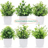 A collection of artificial bonsai plants in various styles and shades potted in white containers.