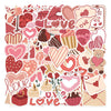 A collage of pink and red heart-shaped stickers, including various decorative elements like hearts, lips, and teddy bears.