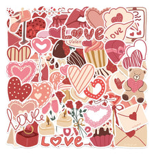 A collage of pink and red heart-shaped stickers, including various decorative elements like hearts, lips, and teddy bears.