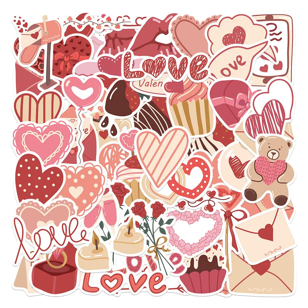 A collage of pink and red heart-shaped stickers, including various decorative elements like hearts, lips, and teddy bears.