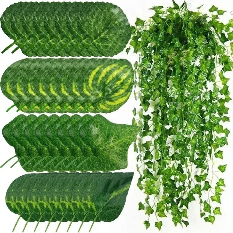 Artificial ivy vine garland featuring various green leaves and vines for hanging decor
