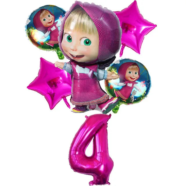 A set of pink and teal balloons, plates, and cups for a Masha and The Bear birthday party.