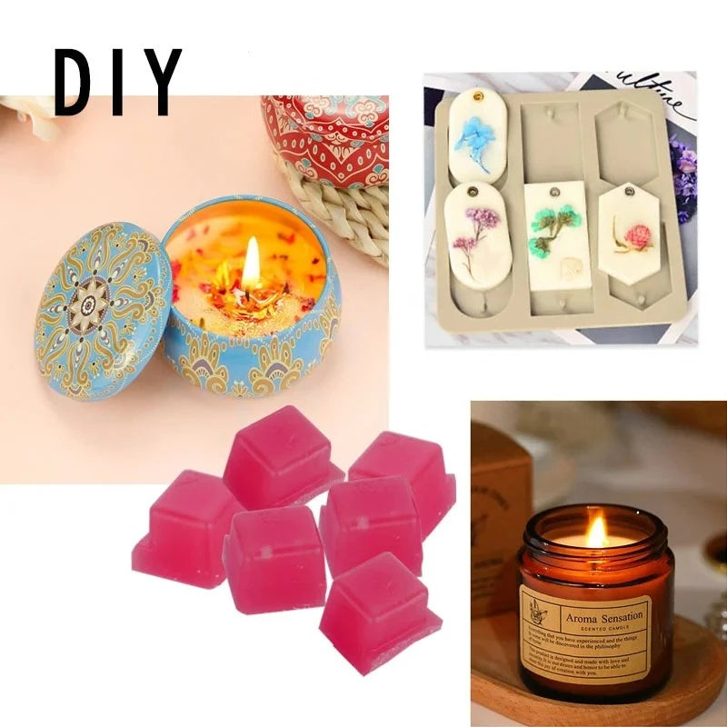 A set of pink wax blocks and a candle jar with a flame used for aromatic essential oil wax blocks for DIY candle making