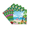A vibrant illustration of tropical foliage, pink and green flowers, and a sunset sky with palm leaves.