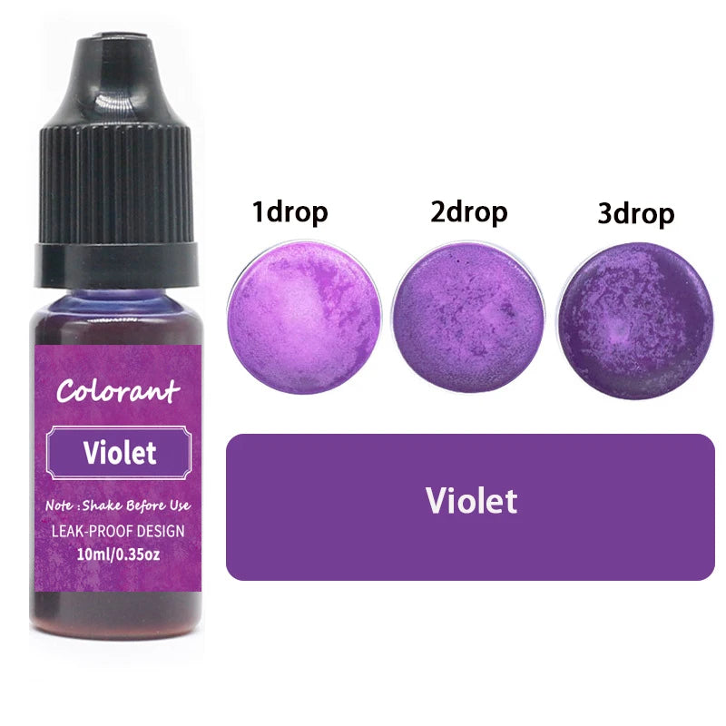A bottle of violet liquid pigment with three dropper sizes labeled 1 drop, 2 drop, and 3 drop.