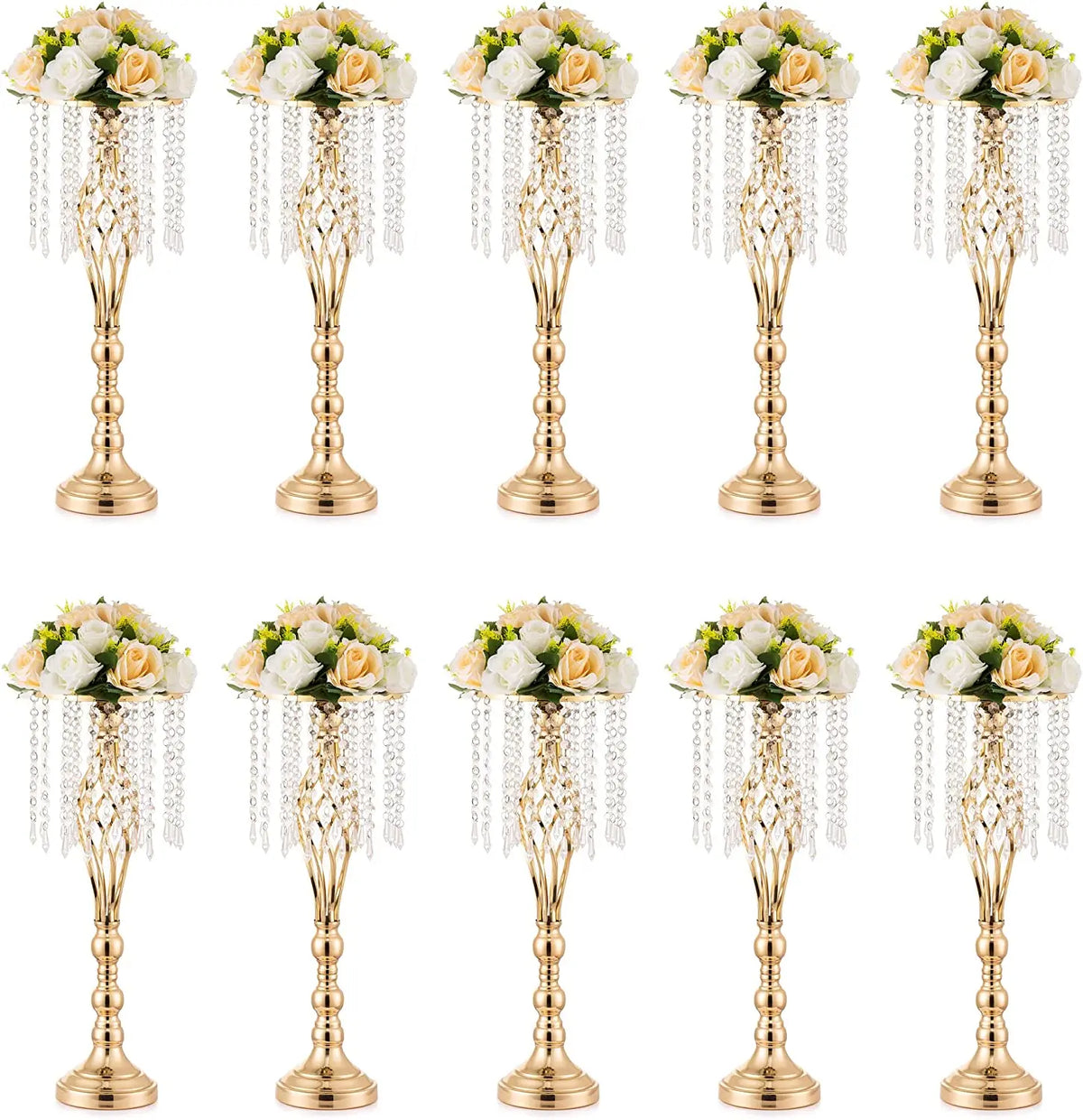 A set of gold crystal vases used for wedding centerpieces, each holding a floral arrangement.