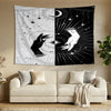 A decorative banner featuring a black and white celestial design of a hand and moon
